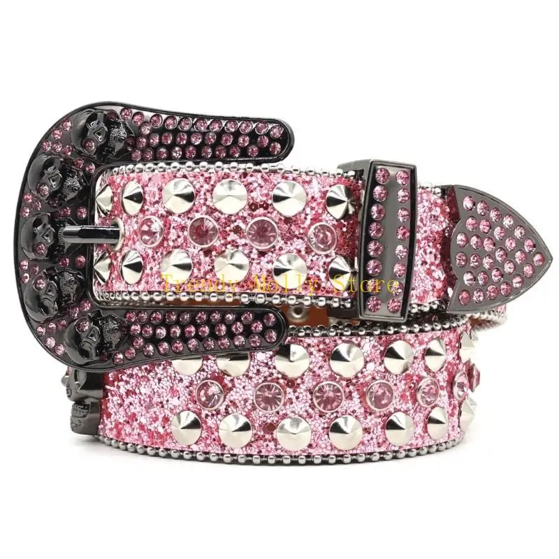 أحزمة N5KB بإبزيم على شكل جمجمة ماسية لعشاق ثقافات الشوارع وحزام خصر مزين بالترتر #3