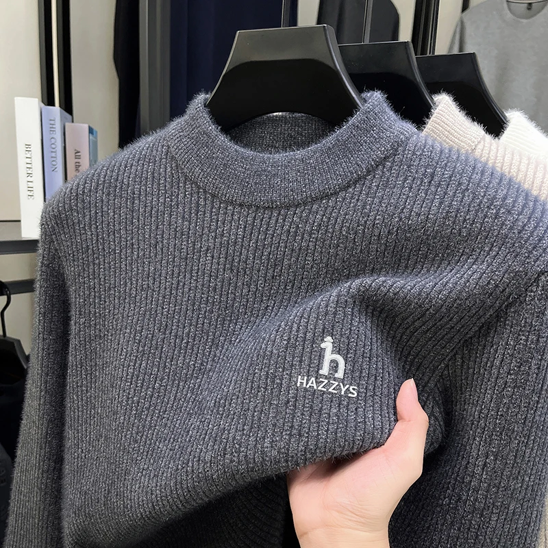 

Men's Winter New Half High Neck Casual Fashion Solid Color Warm Knitted Sweater with Thick Velvet