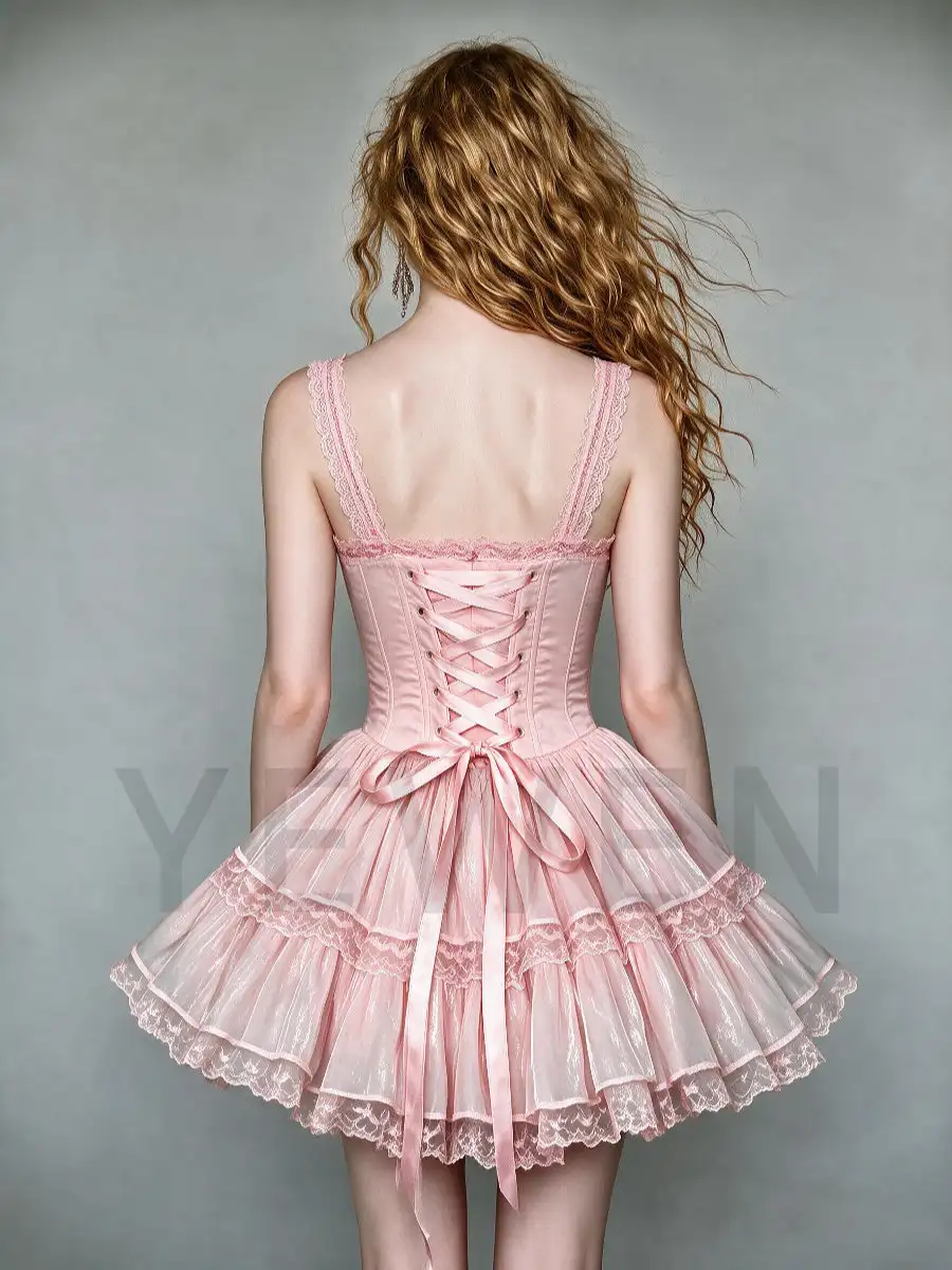 Pink Lace Strap 3D Floral Corset Mini Princess Dress WT268014 view 4