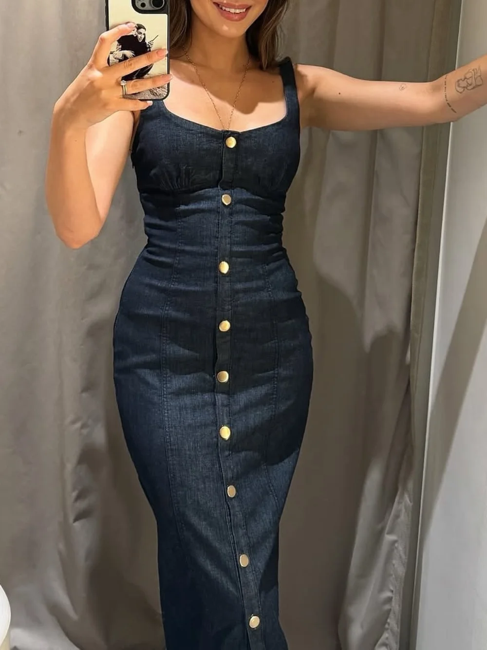 

Women's Sleeveless Backless Suspender Midi Skirt Denim Long Skirt Retro Sexy Commuter Style for Summer Festival 2025