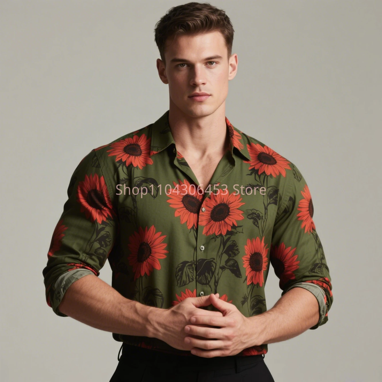 New Men's Festive Chrysanthemum 3D Print Original Design Shirt Hawaiian Vacation Casual Long-sleeved Lapel Shirt Business Simple