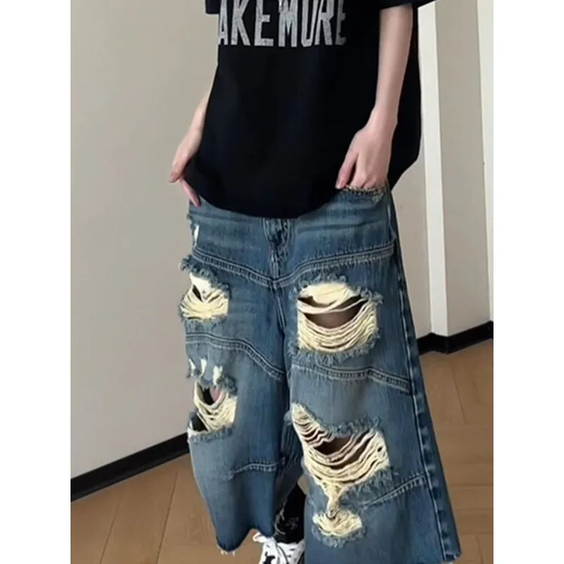 ヴィンテージ ダメージ加工 バギー ショートジーンズ レディース グランジ ディストレスト オーバーサイズ ジョーツ Y2K レトロ パンク ストリートウェア ワイドレッグ デニムショーツ