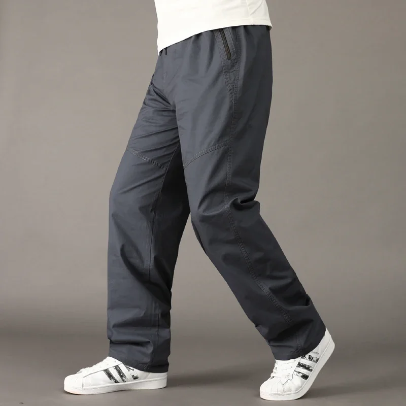 Men's Oversized Casual Pants Drawstring Cotton Mid Aged Working Trousers Plus Size Baggy Pants Solid Black Straight Trousers