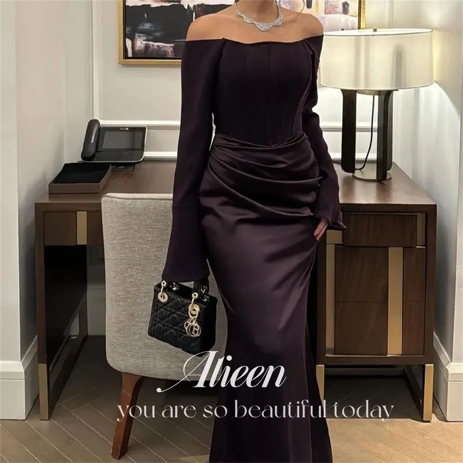 Aileen marron foncé élégant luxe robes de soirée 2025 manches longues femmes robe de soirée femme personnalisé robe de soirée de mariage bal