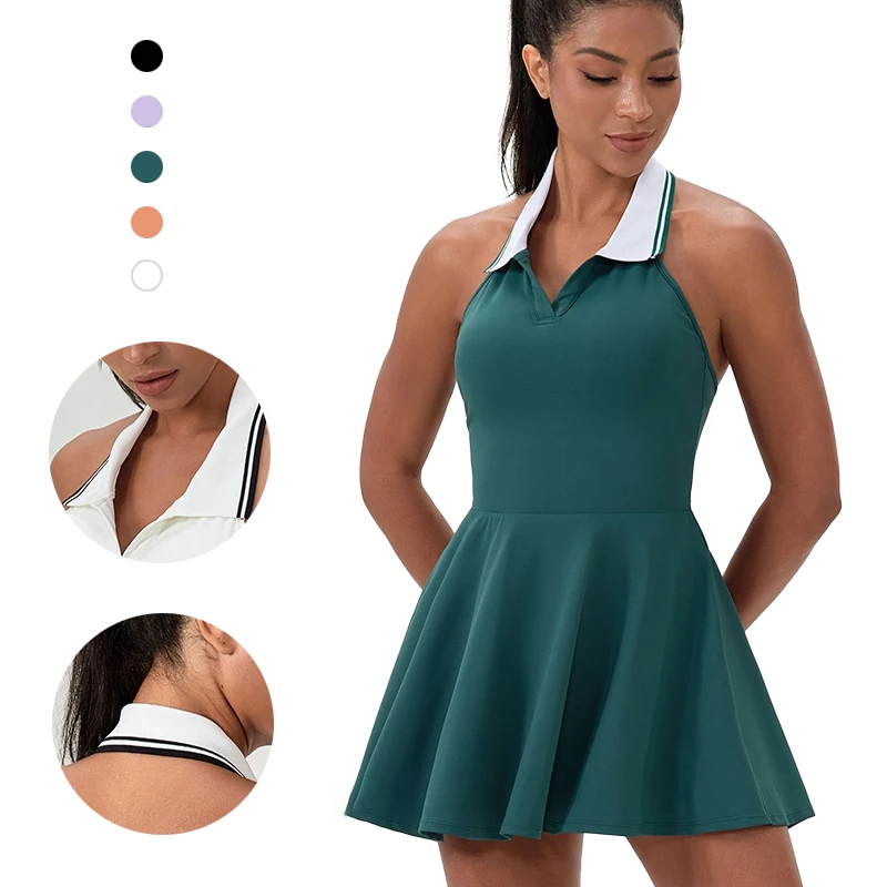 

(S-2XL)Women Halter Neck Tennis Dress-Contrast Block Collar Golf Romper Quick Dry Badminton Workout Jumpsuit for Outdoor Sports