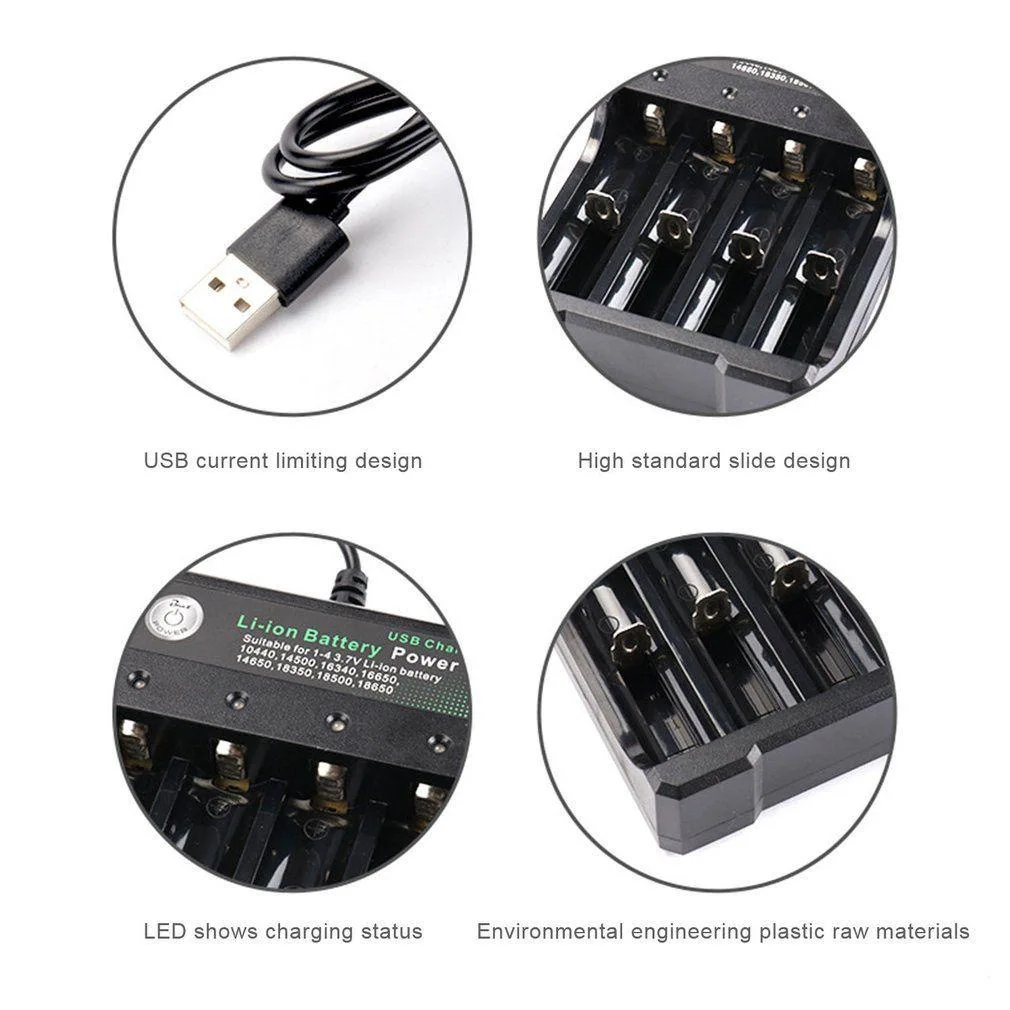 18650 Battery USB Charger 1/2/4 Slots Rechargeable Lithium Battery Charger With LED Light Charging For 18650 16650 14650 16340