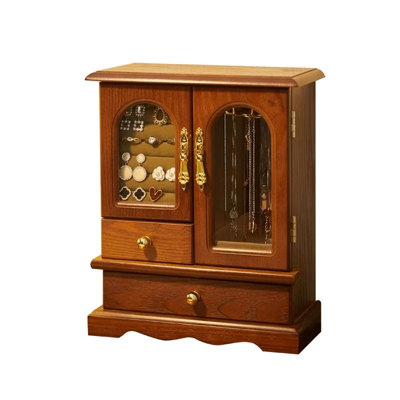 Brown solid wood jewelry box with two side doors and necklace earrings ring mirror storage