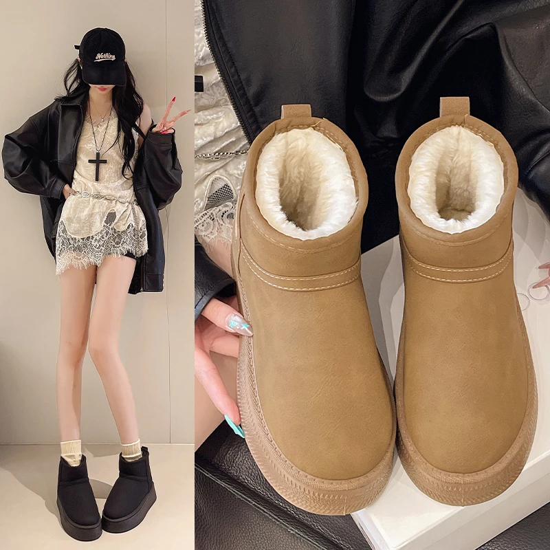 

Новинка 2025 года, зимние ботинки на флисовой подкладке с толстой подошвой, женские зимние теплые хлопковые ботинки с круглым носком, уличная одежда, ботинки