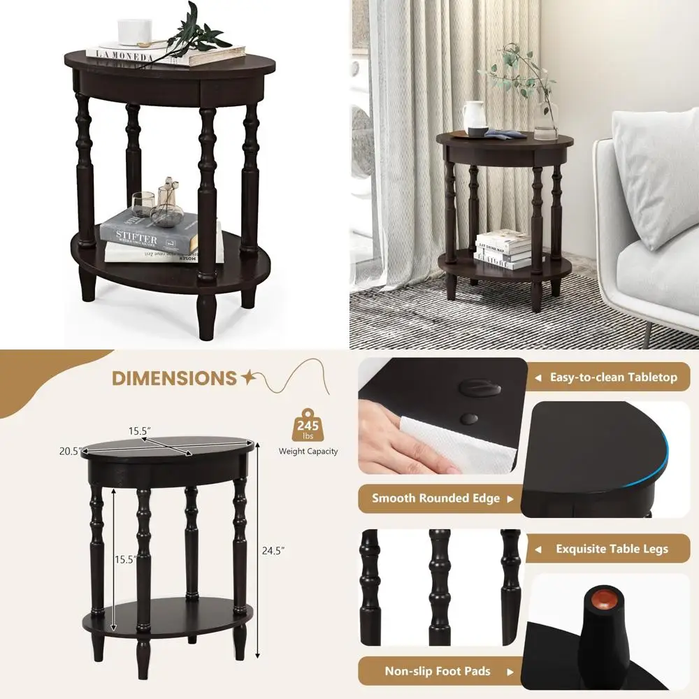 طاولة جانبية للأريكة البيضاوية الحديثة بطبقتين مع رف تخزين وأرجل خشبية صلبة وطاولة مدمجة لغرفة المعيشة ومنضدة غرفة النوم #1