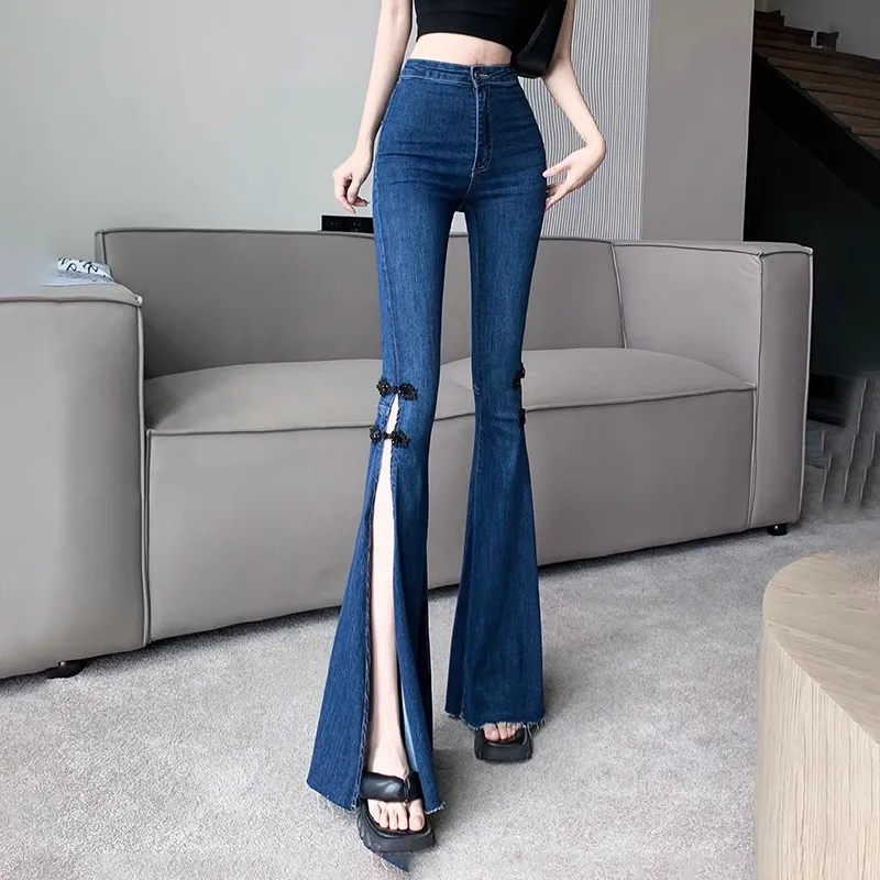 

Deep Blue High Waist Bell Bot Jeans Women's Early Autumn Thin Tightening Hip Lifting Bell Pants Faionable Long Trousers