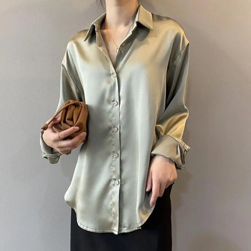 Autumn Fashion Button Up Satin Silk Shirt Spring Vintage Blouse Women White Lady Long Sleeves Female Loose Street Shirts