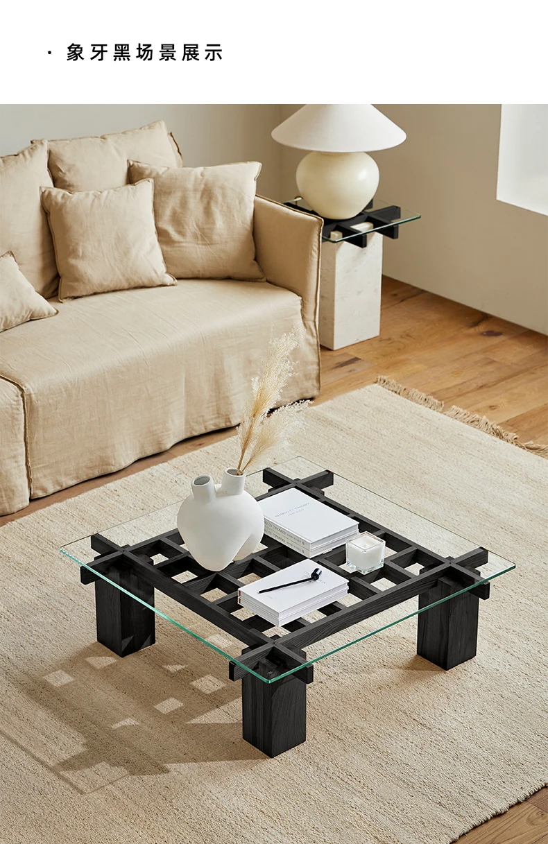 โต๊ะกาแฟไม้จริงสีดำสไตล์วบิซาบิ สำหรับห้องนั่งเล่น อพาร์ทเมนต์ขนาดเล็ก สไตล์โมเดิร์น ทรงสี่เหลี่ยม ดีไซน์เนอร์ P