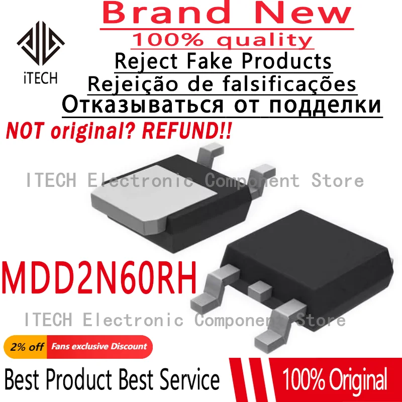 10pcs/lot Original MDD2N60 MDD2N60RH N-Channel Power MOSFET 600V/1.9A 4500mOhms TO-252 Chip 100% New and Genuine