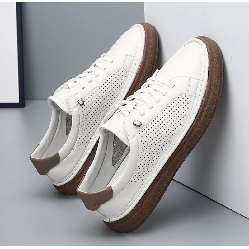Men's Casual Leather Sneakers Breathable Hollow Out Flat Shoes Men Fashion Vulcanized Shoes Male Walking Footwear Mens Shoes
