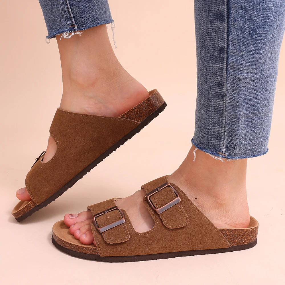 Shevalues New Fashion Cork Sandals Women Classic Cork Suede Footbed Slippers Female Summer Beach Sandals With Adjustable Buckle