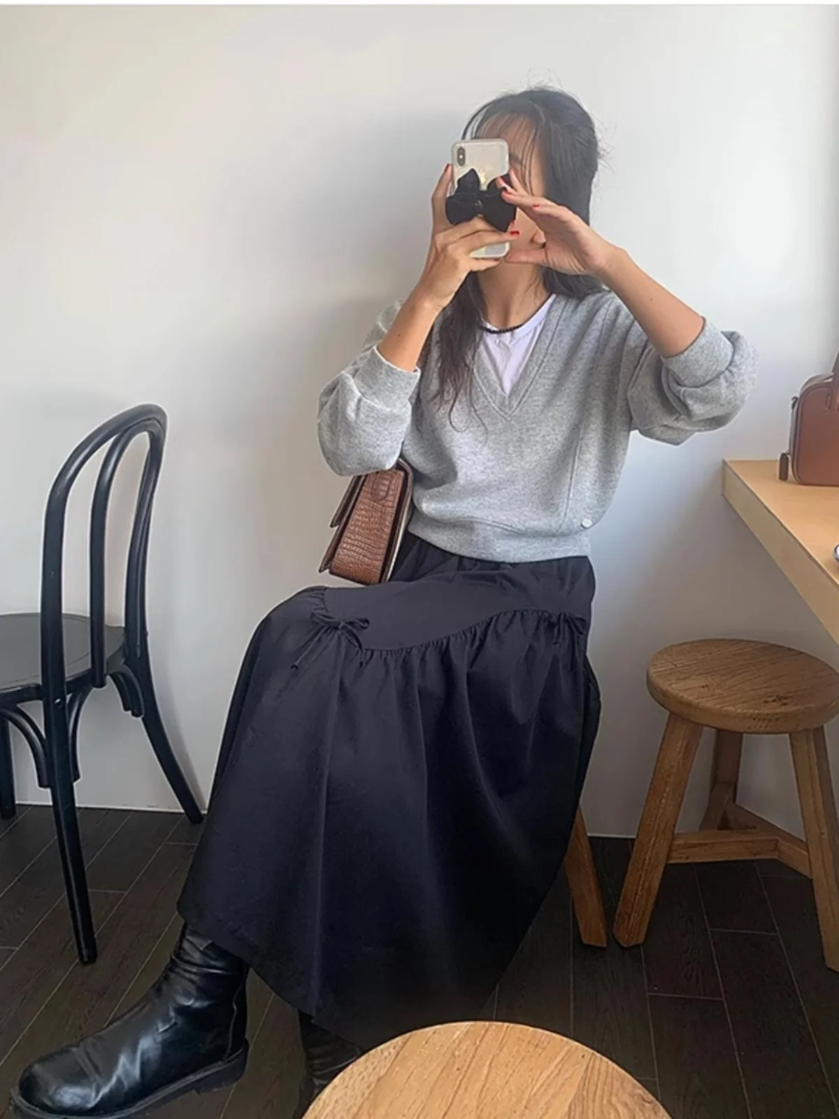 

White A-Line Midi Skirt Women's Korean Sle Faionable Belted f-length Ele Pure Color High-waisted Commute Skirt