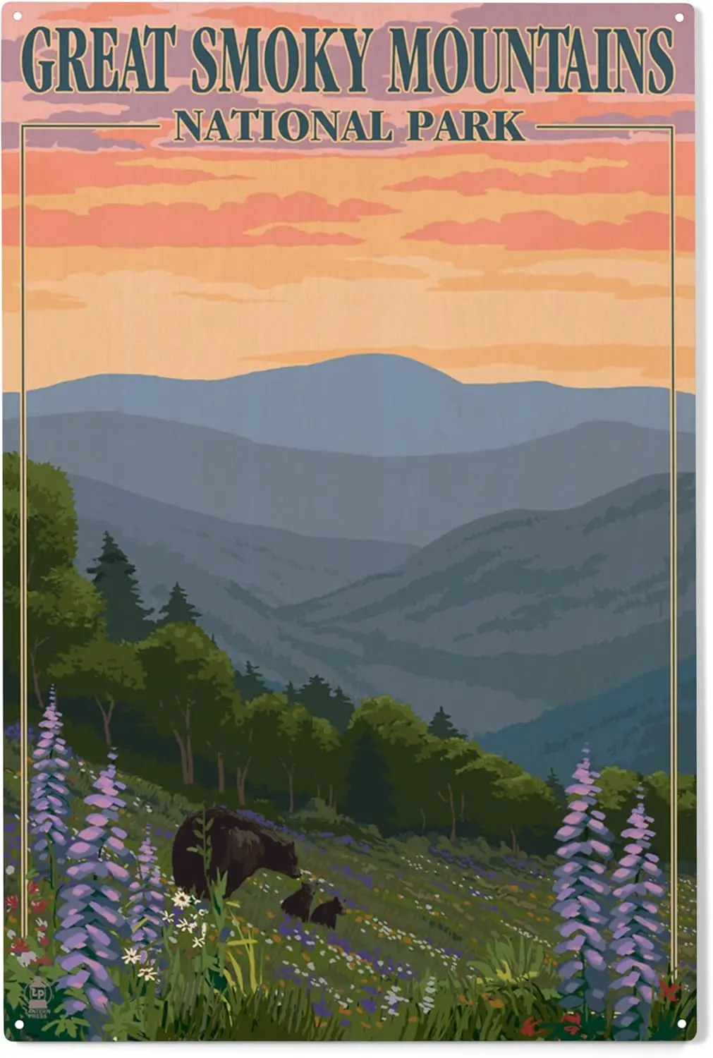Lantern Press 10x15 Inch Wood Sign, Ready to Hang Wall Decor, Great Smoky Mountains National Park, Tennessee, Bear and Spring Fl