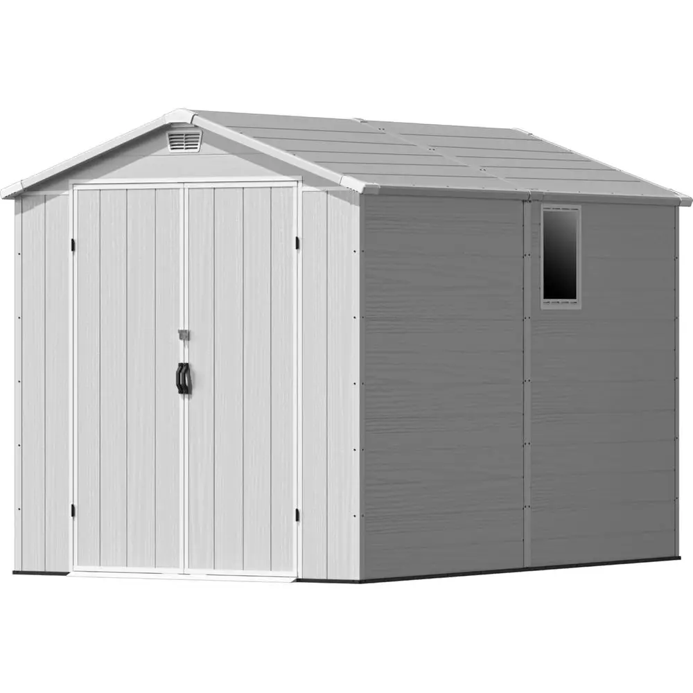 

6x10ft Lockable Outdoor Plastic Shed with Window and Floor - Easy Assembly for Garden or Backyard, Light Gray