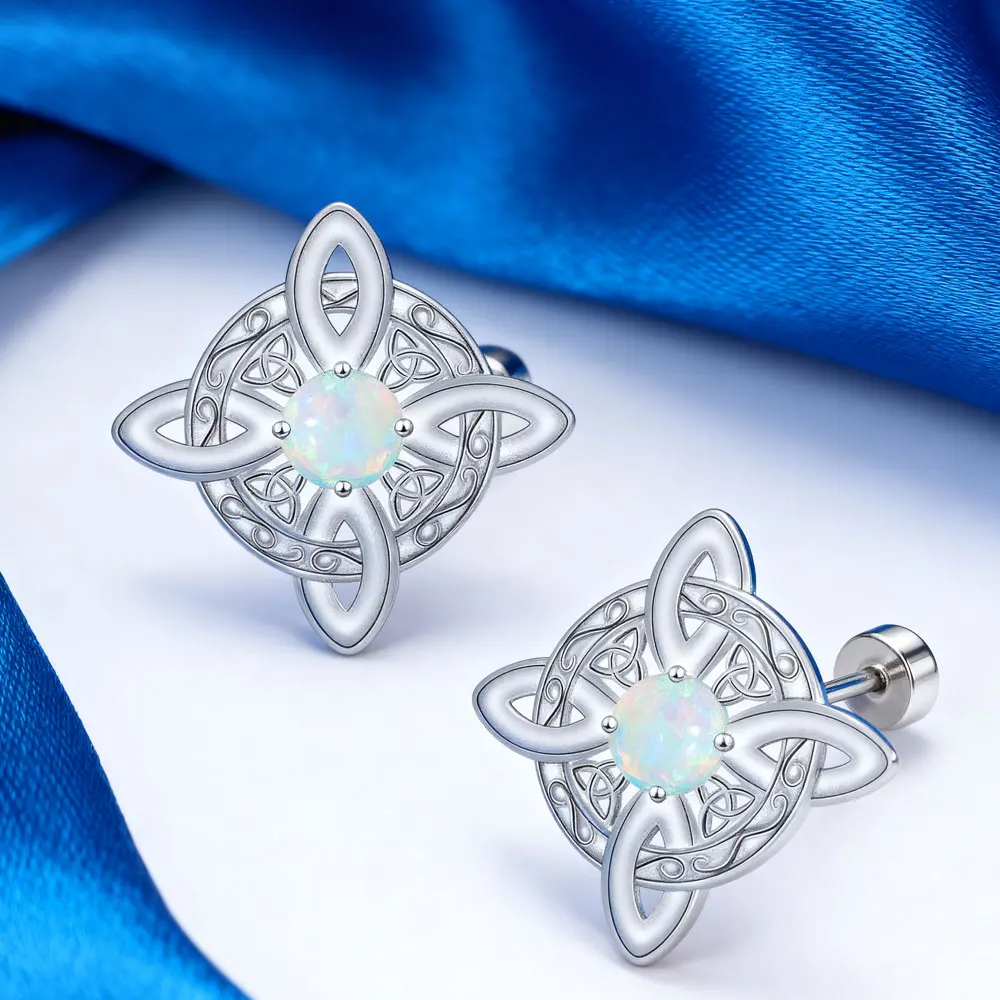 YILUOCD Natural Opal Stone Witches Knot Stud Earrings 925 Thai Silver Protection Amulet Earrings Jewelry for Women