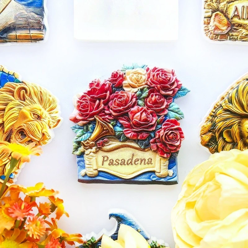 Pasadena Rose Fridge Magnet- Festive 3D Trumpet & Flower Souvenir Unique California Gift for Travel &