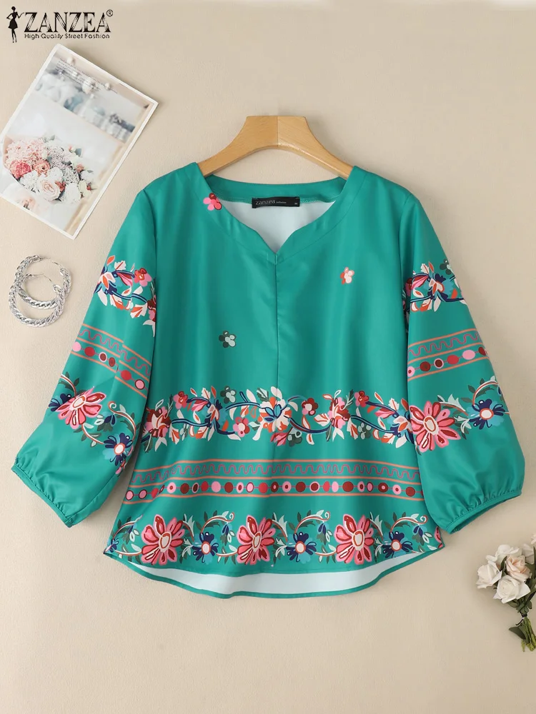 ZANZEA Vintage Tops Printed Blouse Women Casual Loose 3/4 Lantern Sleeve 2025 Summer V-neck Blusas OL Work Pullovers