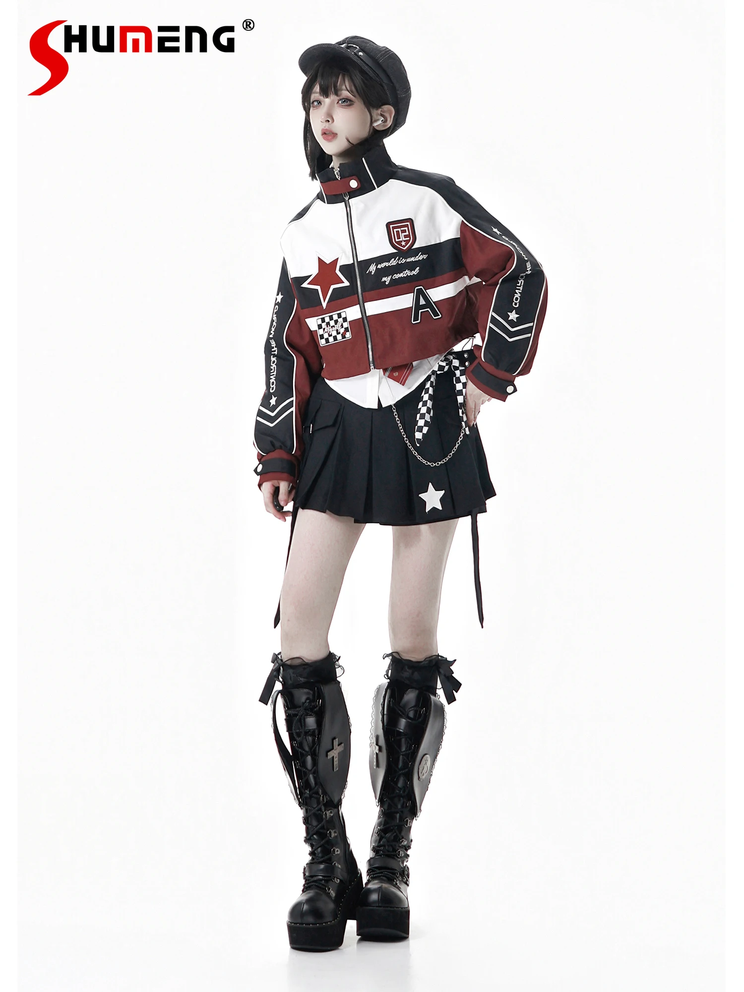 الطالب الياباني الحلو بارد دراجة نارية نمط رياضية الخريف جديد المرأة Y2K البريدي سترة سترة طويلة الأكمام قميص تنورة مجموعة