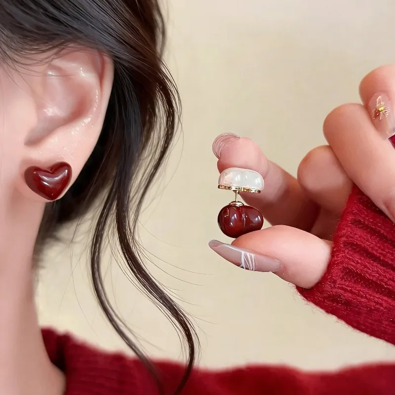 Double Sided Love Heart Pearl Stud Earrings For Women Red Sweet Fashion Elegant Daily Party Office Use Hypoallergenic Metal