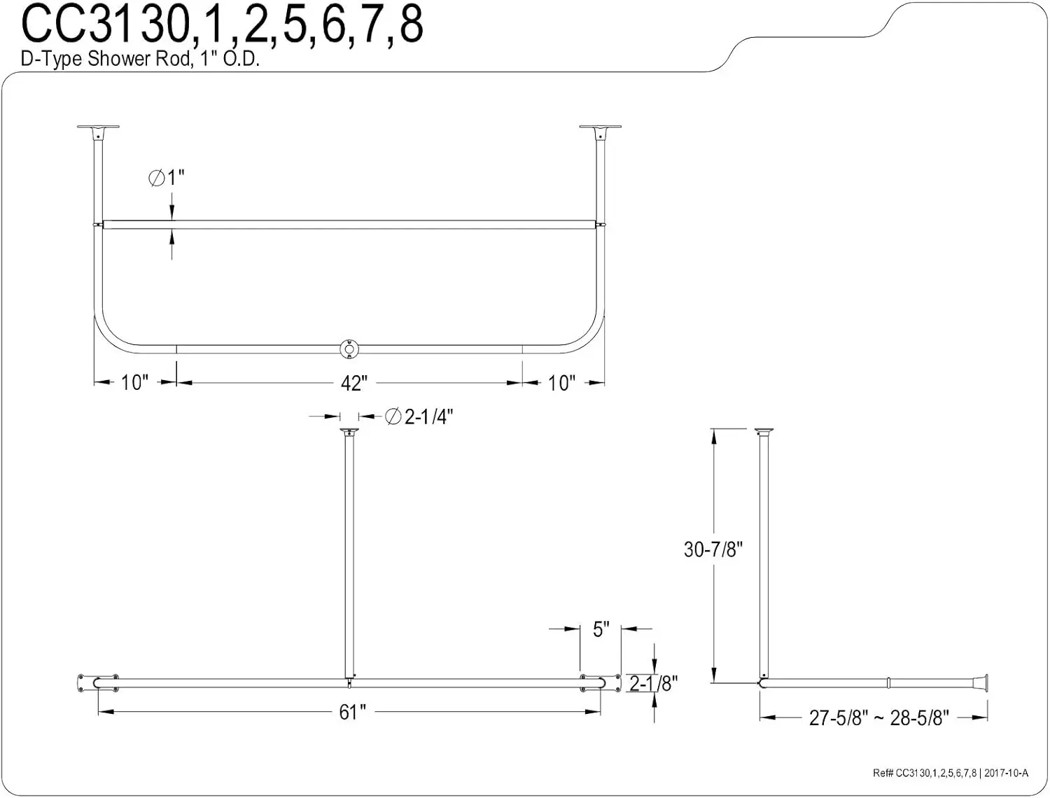 CC3136 D-Shaped Shower Curtain Rod, Polished Nickel