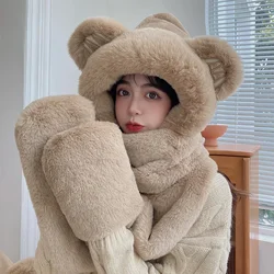 Gorro con orejas de oso para mujer, bufanda de felpa gruesa y cálida, todo en uno, tres en uno, nuevo estilo, invierno, 2023