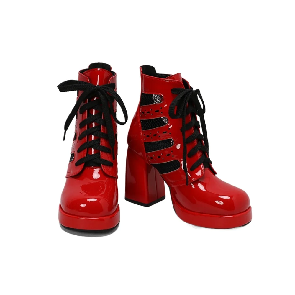 

Women's Gothic Punk Patent Leather Hollow Out Ankle Boots Platform Chunky High Heels Lace Up Party Booties Plus Size 43 288-2