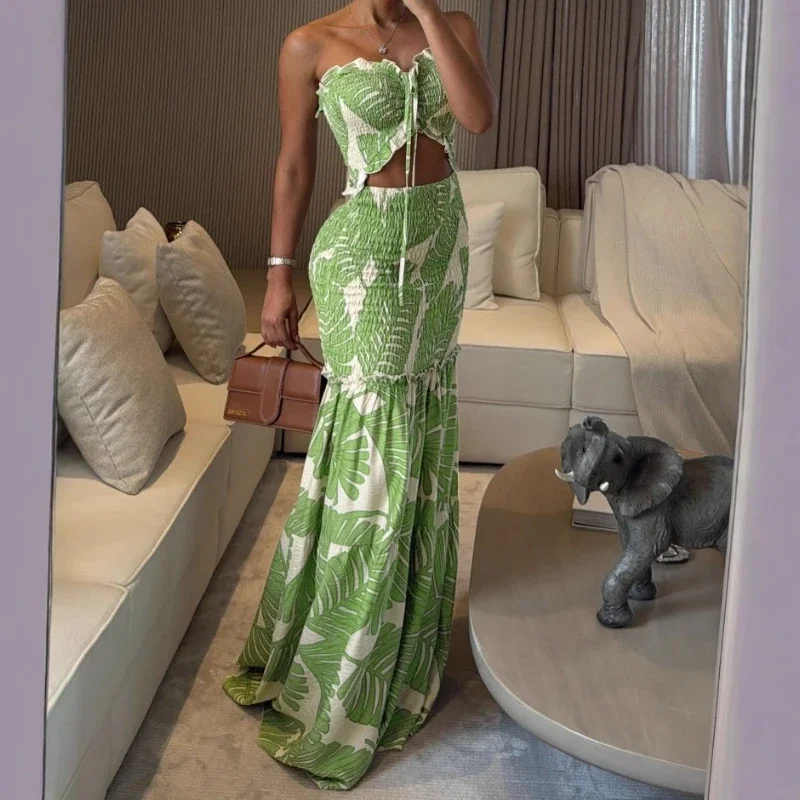 فستان نسائي طويل مثير مطبوع عليه نباتات استوائية برباط مطوي لصيف 2025 ملابس للعطلات فساتين شاطئ مكشكشة مقصوصة للفتيات #1