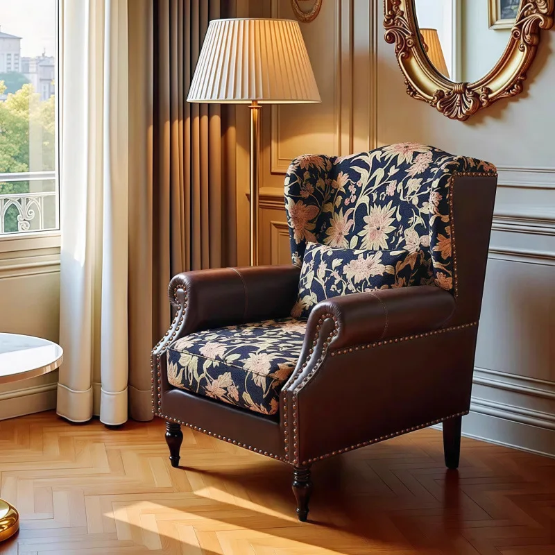 

French retro style flower tiger chair fabric leather splicing leisure chair