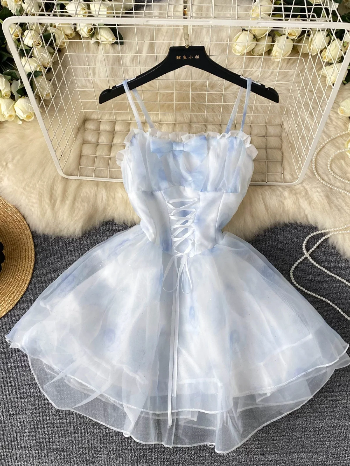 French Style Temperament Organza Mini Dress Women's Sweet High-Grade Lace-up Sleeveless High Waist Sling Dresses Women's Summer