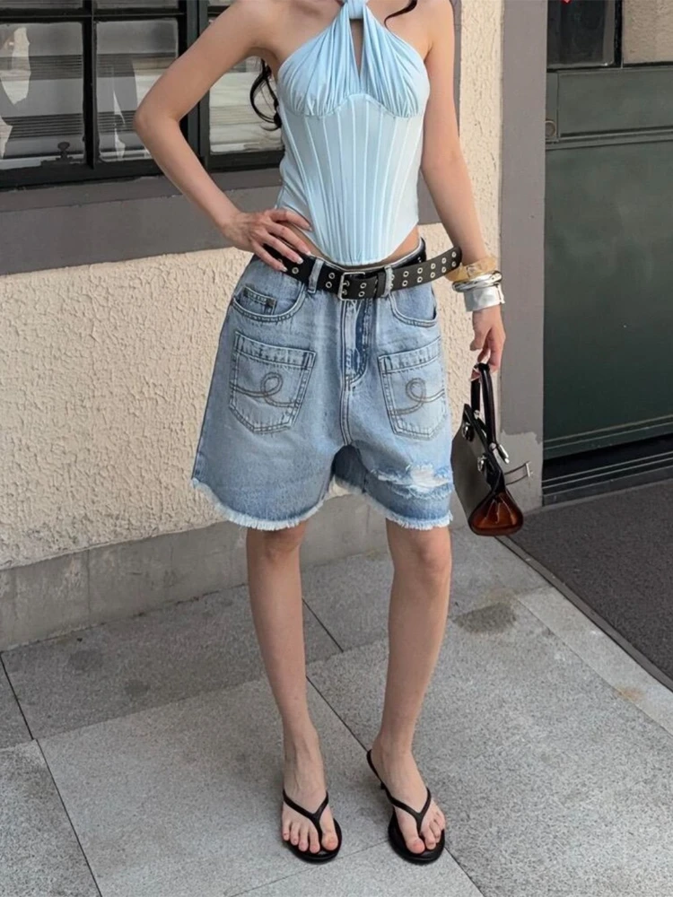 

Women summer 2025 new street hot girl A-line blue shorts American vintage streetwear ripped denim five quarter pants