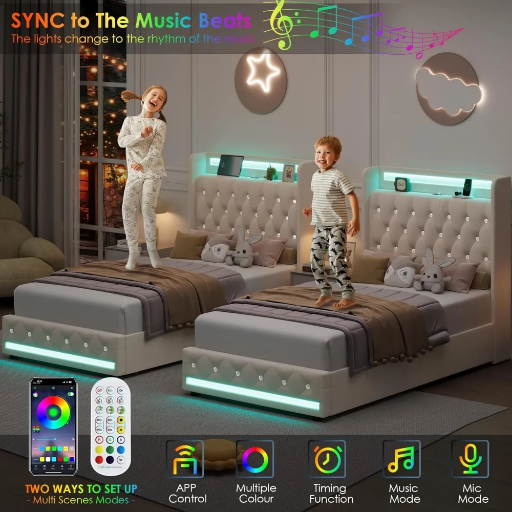 Upholstered Twin LED Bed Frame with Charging Station Headboard , Velvet Crystal Button-Tufted  Twin Size Platform Bed Frames