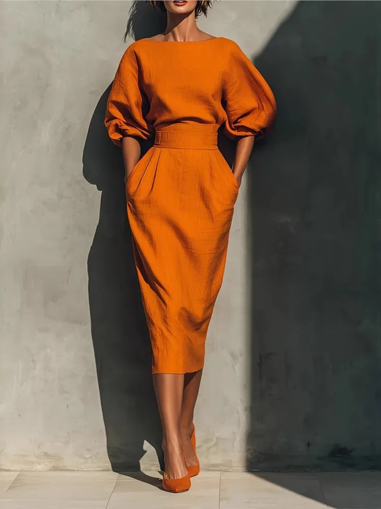 Elegantes Damenkleid mit O-Ausschnitt, Laternenärmeln und Taschen, Midi-Länge, Frühling-Sommer-Mode, Einfarbig, Hohe Taille, Plissiert, Wickelstil, Urlaubskleid