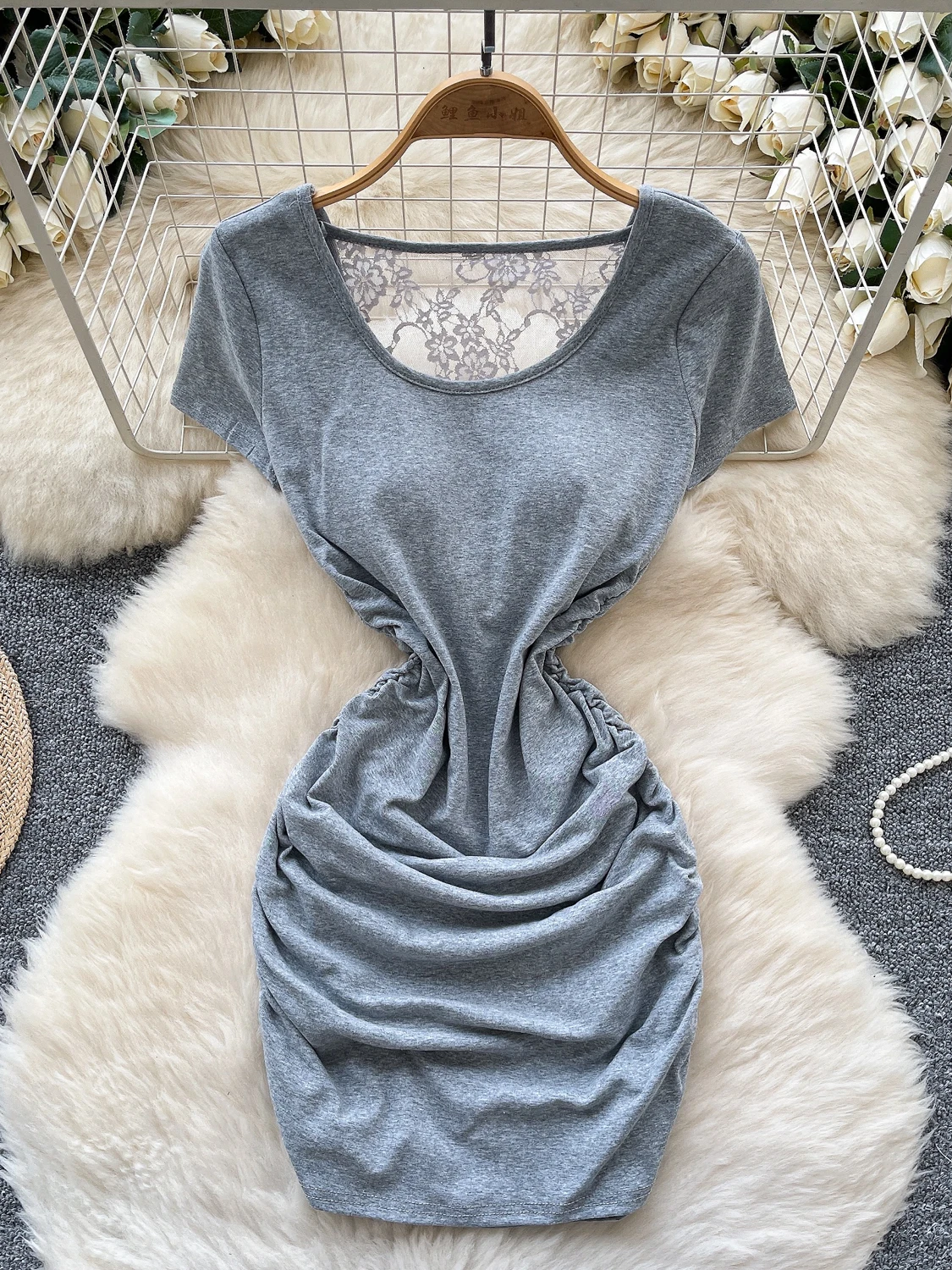 Foamlina todos os dias sexy manga curta camiseta vestido feminino verão plissado apertado renda retalhos sem costas vestido inferior casual