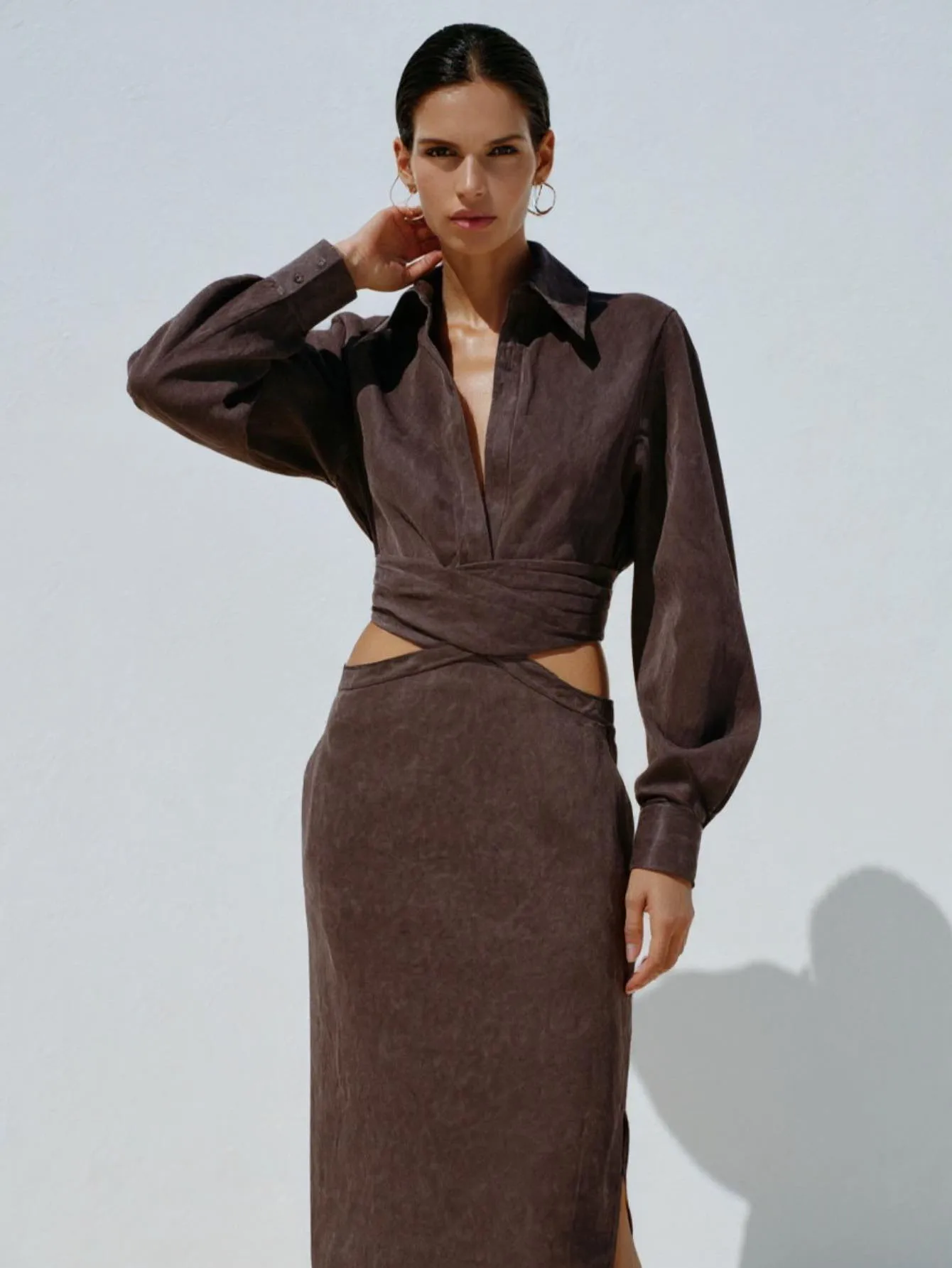 여성용 심플 긴팔 셔츠 칼라 슬림핏 드레스 패션 기본 컷아웃 디테일