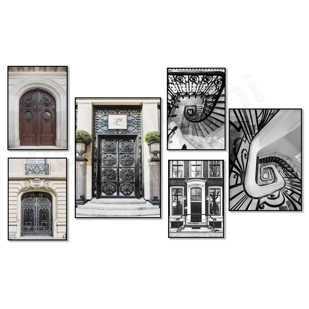 (2D canvas painting)  French architecture print, Amsterdam gate, Paris black and white spiral staircase, Le cast iron gate