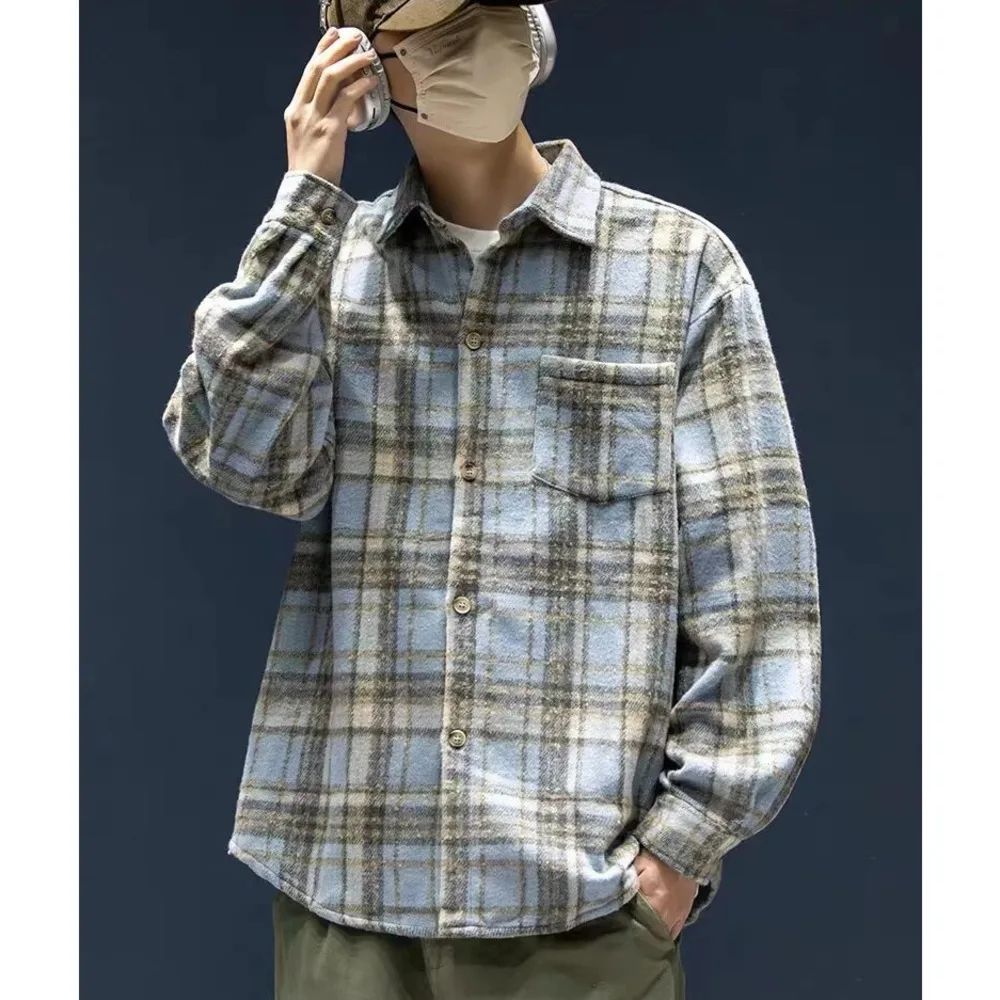 Autumn Korean Style Loose Fit Plaid Shirt Men Long Sleeve Youth Streetwear Fashion Oversized Check Shirt Casual Warm Comfort