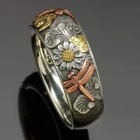 Vintage Silver and Rose Gold Color Carved Dragonfly Sunflower Ring Unique Metal Flower s Women Engagement Party  Jewelry