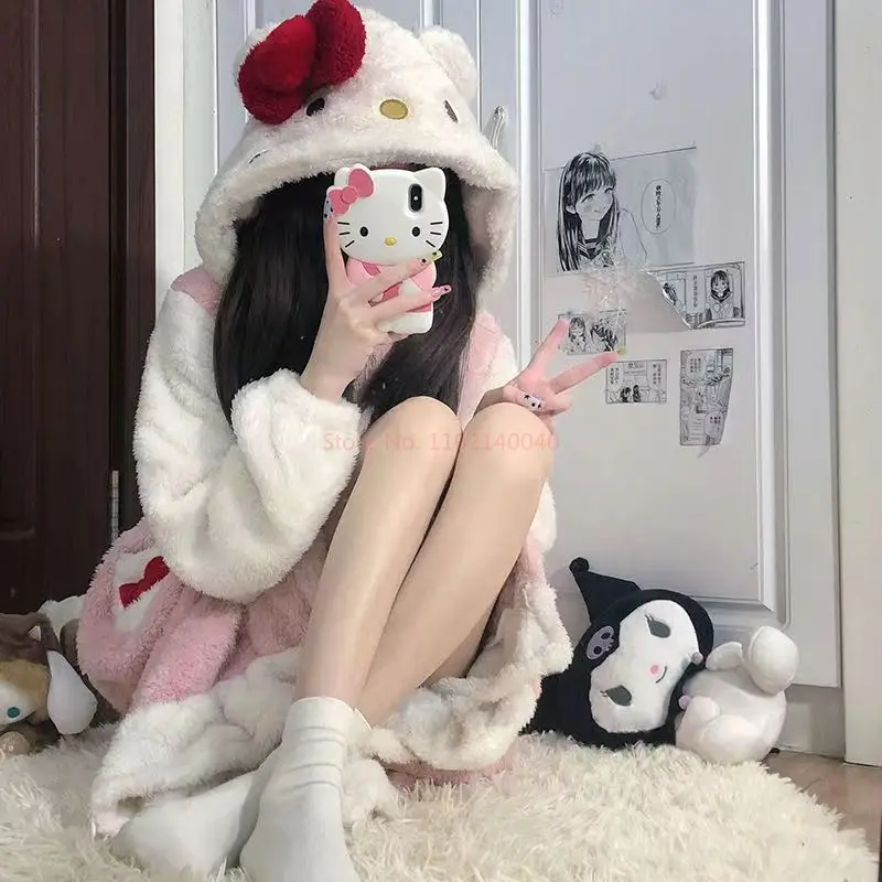 Sanrio Winter Hello Kitty Robes Cartoon Ins Coral Fleece Pajamas Thick Warm Pijamas Women Home Wear Pink Pajamas Home Clothes