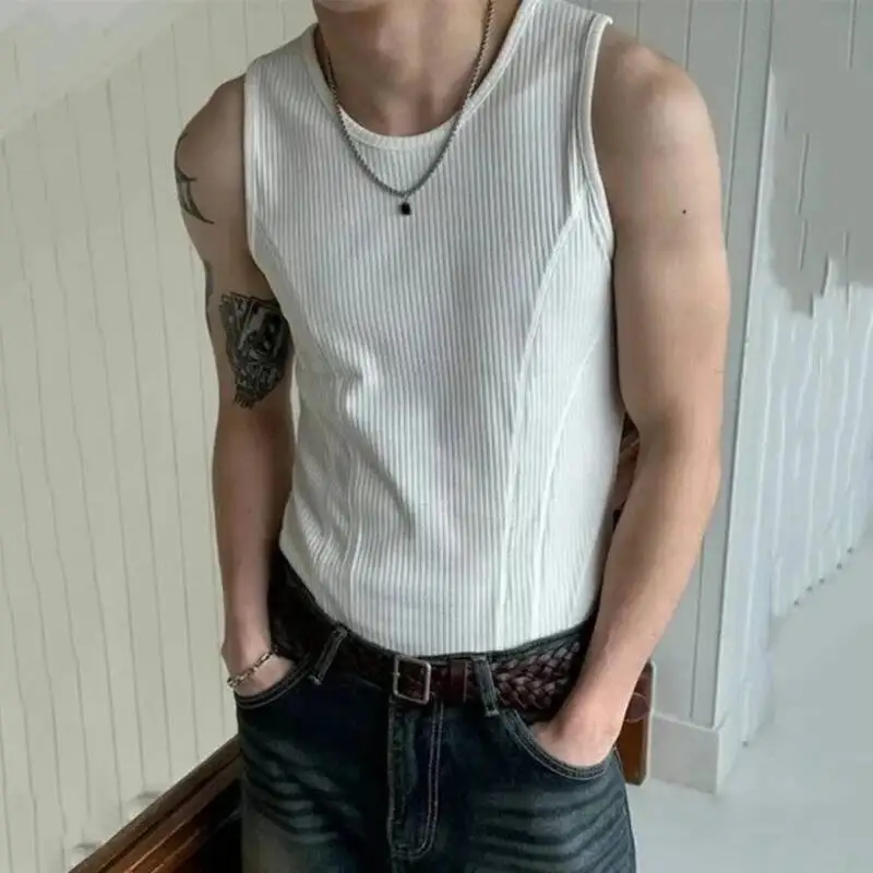 

Мужские майки в корейском стиле, новые однотонные повседневные футболки без рукавов с круглым воротником, пуловеры, мужские жилеты, летние простые