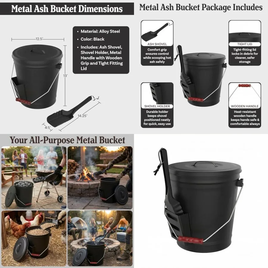 

Ash Bucket - 4.75-Gallon Metal Bucket with Lid and Shovel for Fireplace or Firepit Ashes - Heat Resistant Fireplace Tools by Bl