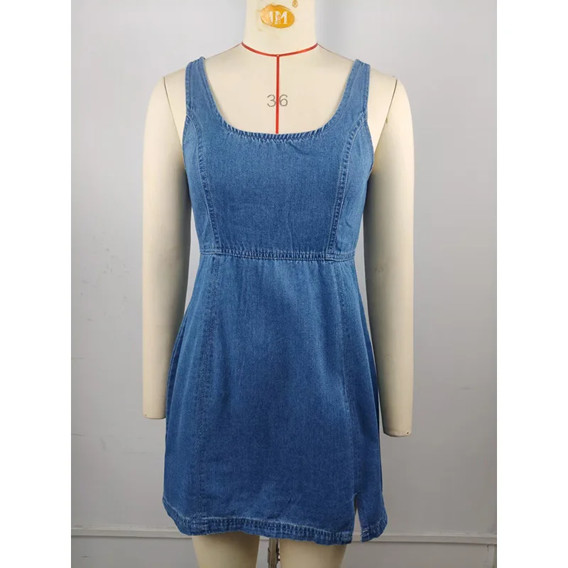 Benuynffy Casual Zipper Back Denim Mini Dress Women Summer 2026 New Scoop Neck Sleeveless Slim Fit Slit Female Jean Tank Dress view 5
