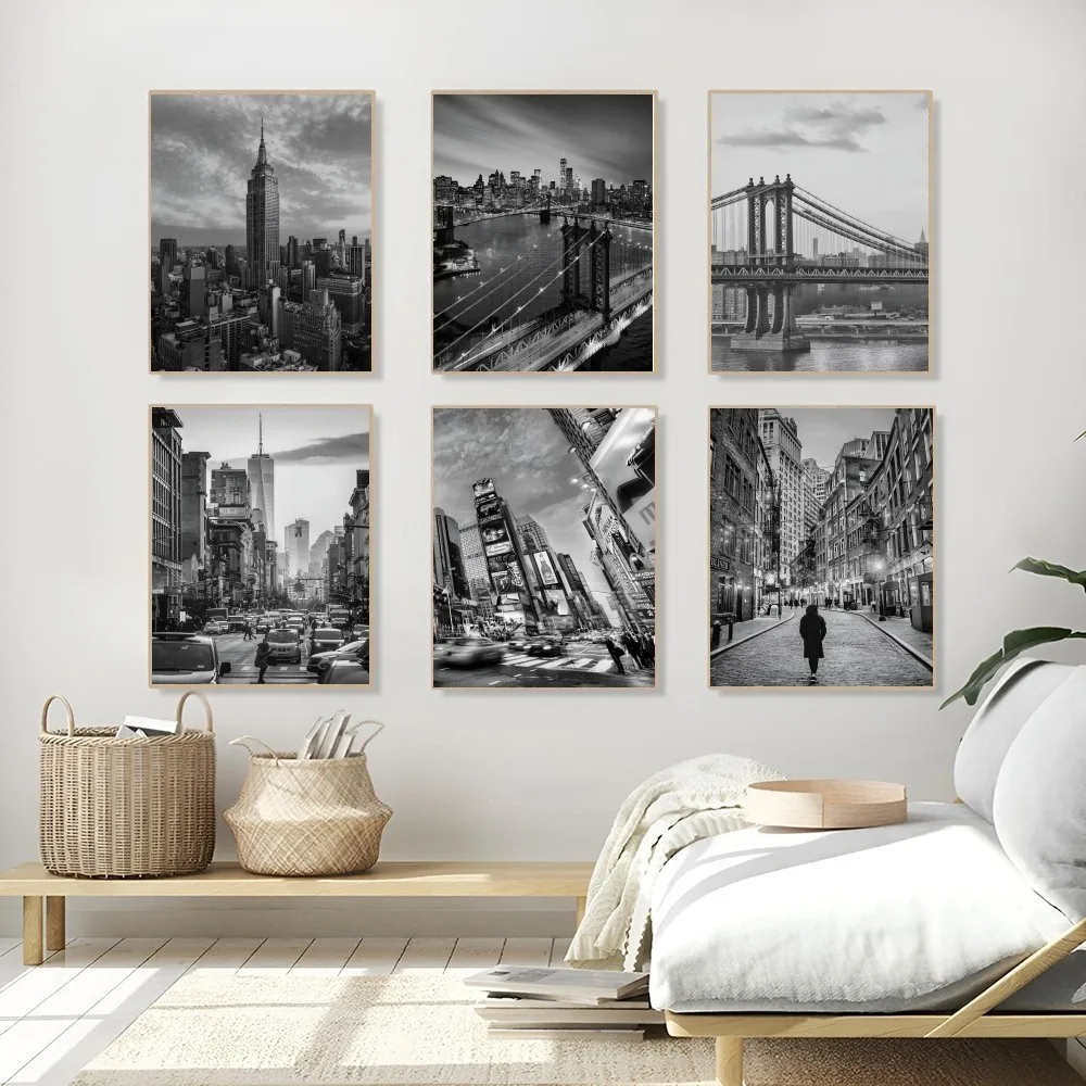 1PC New York Bridge City Blackand White  Poster Self-adhesive Art Waterproof Paper Sticker Coffee House Bar Room Wall Decor