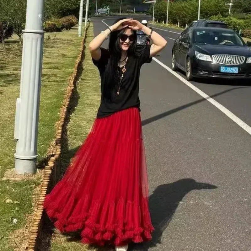

Женское красное многоярусное тюлевое макси-юбка с высокой талией и оборками, длинное струящееся повседневное вечернее платье, юбка