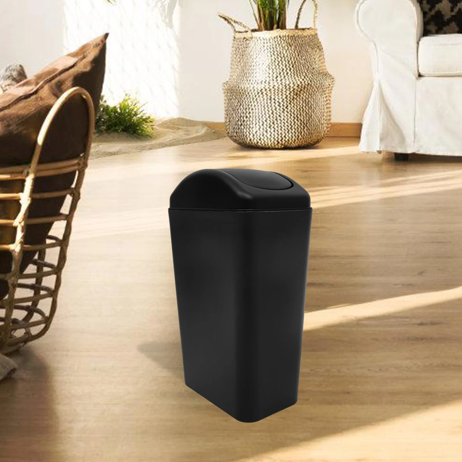 

12L Shallow Gray Swing Lid Trash Can Narrow Design Smooth Interior Easy Clean Bathroom Kitchen Bedroom Office Closet Garbage Bin