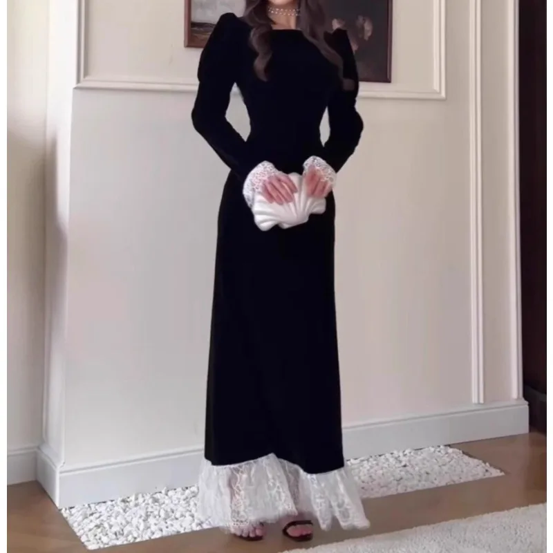 2026 Spring New Temperament Elegant Long-sleeved Golden Velvet Dress Waist Dress