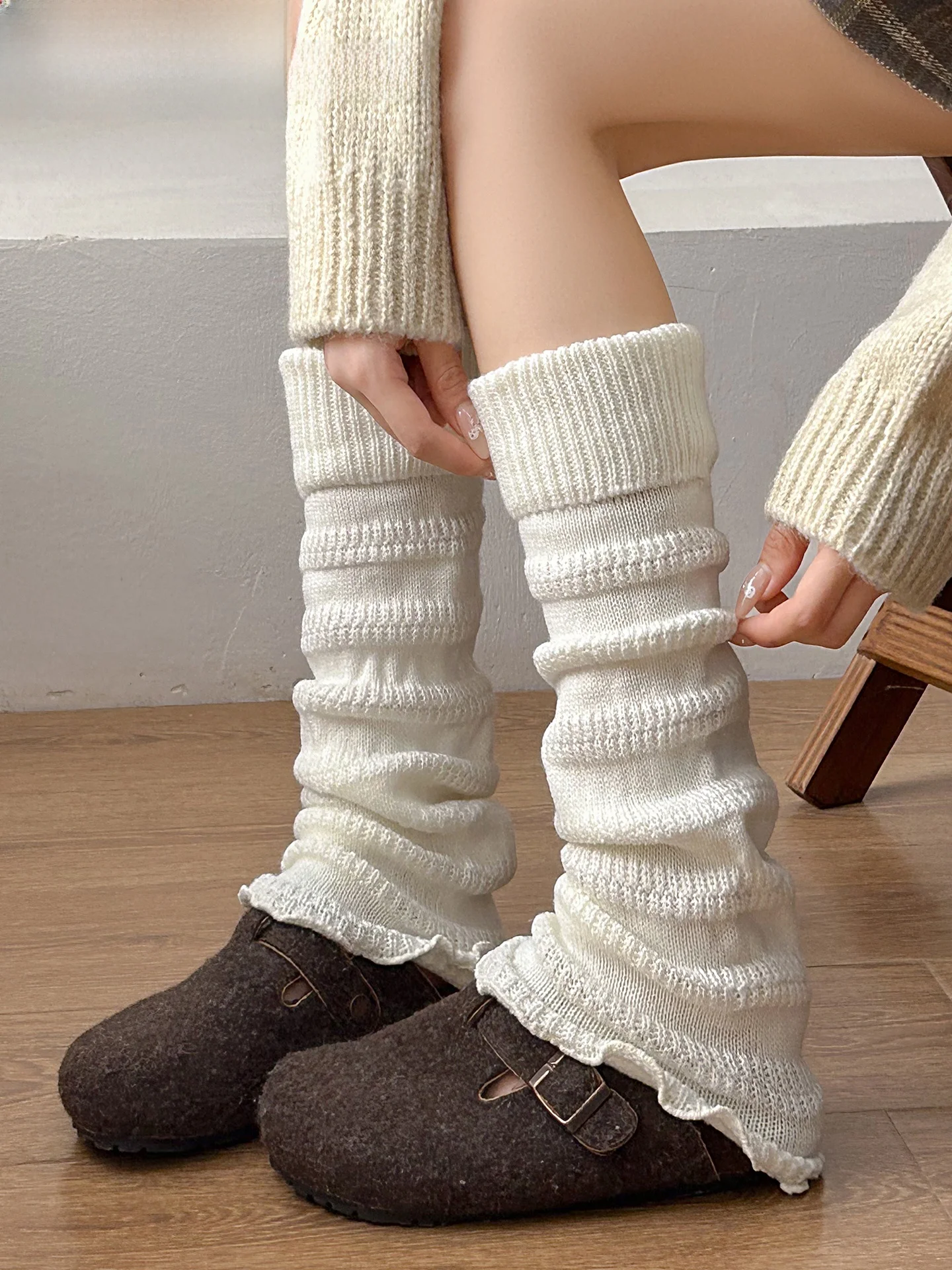 White Lace Knitted Sock Covers Women's Autumn Winter Micro Flared Knee High Socks for  Shoes Japanese Style Knitted